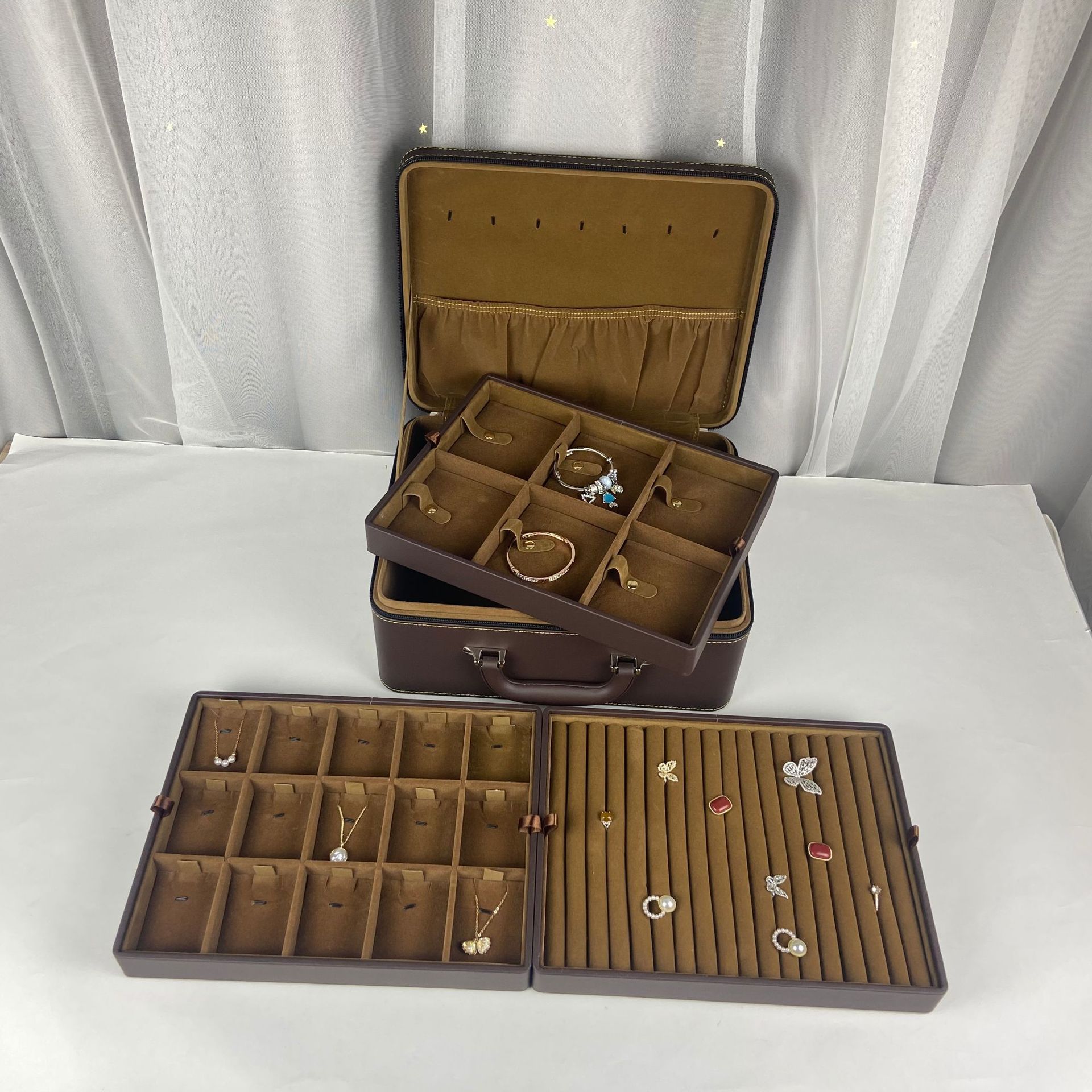 高档PU皮珠宝首饰收纳箱戒指项链多层收纳手提箱吊坠展示收纳盒 7